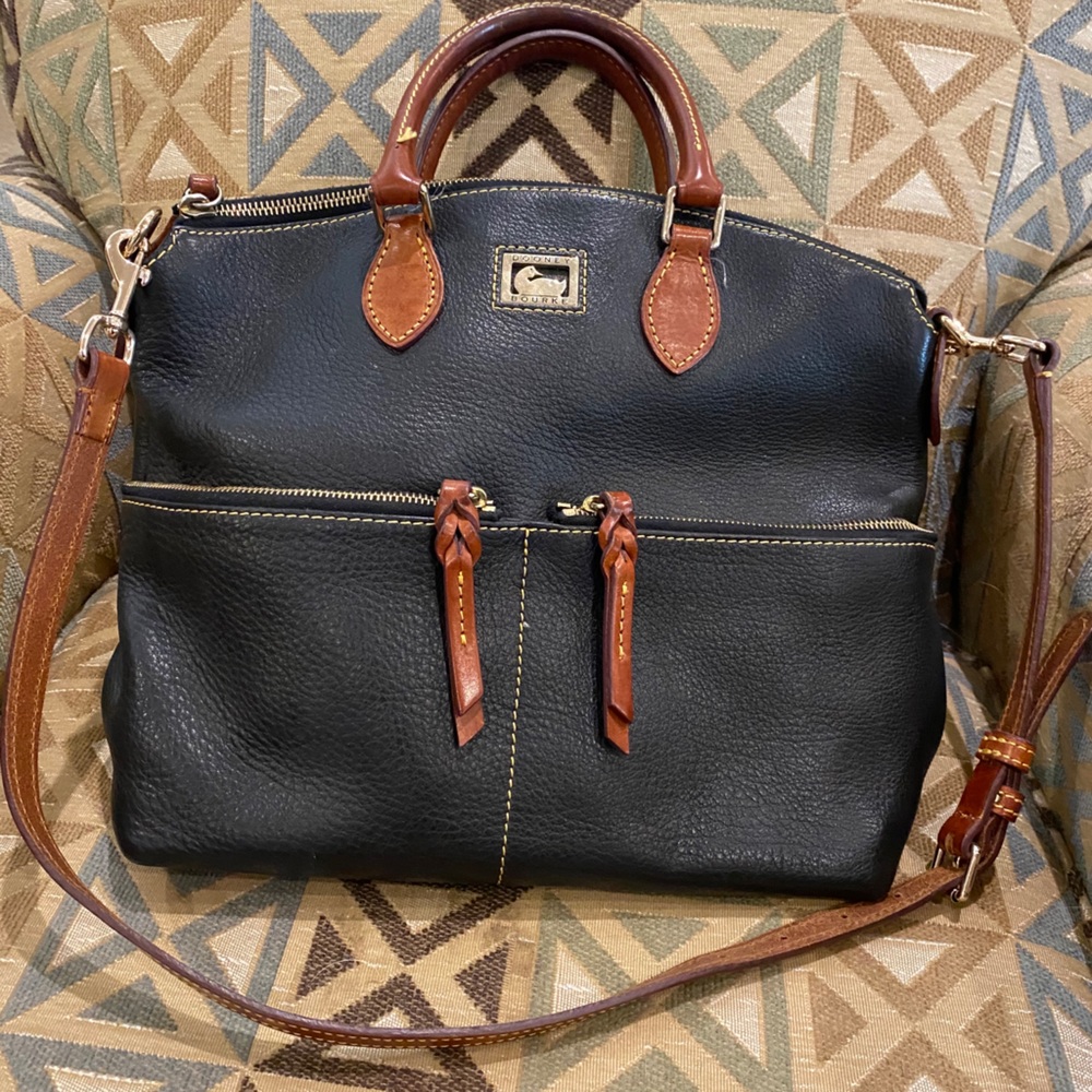 Dooney & Bourke Black Leather Shoulder Bag with Brown Trim